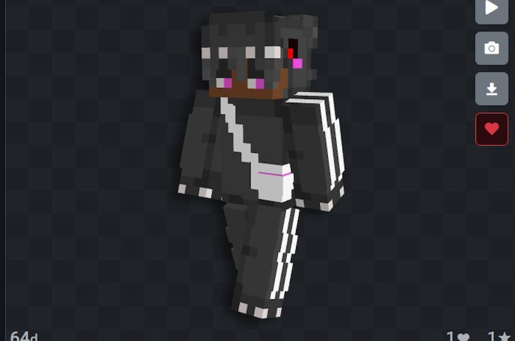Minecraft skin from NameMC.com featuring a by in a black and white track suit with a dinosaur hood and hot pink accents.