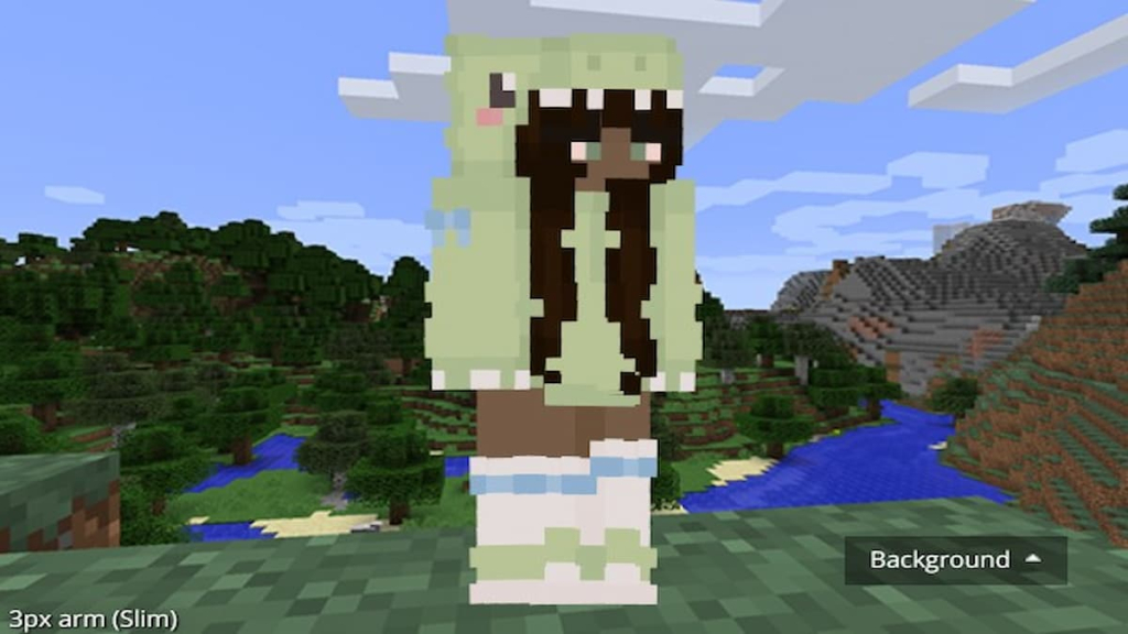 Recolored Minecraft skin by Yahgirlmary of a girl in a green and blue dinosaur outfit.