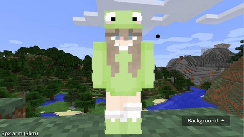 Minecraft skin by RunAwayaBabe45 of a brunette girl in a frog hoodie.