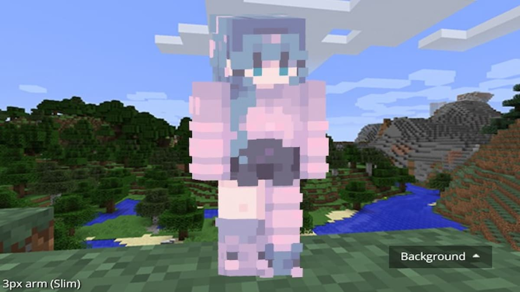A Minecraft skin by smolberries featuring a girl in cute pink and purple pajamas with blue hair and black accents.