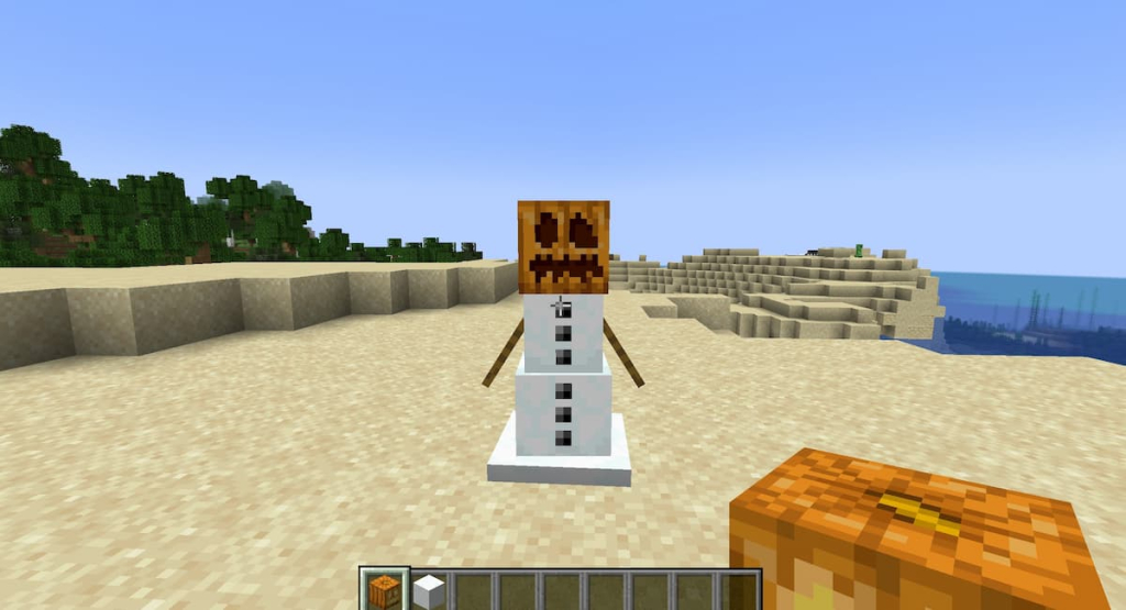 Adding a jack-o-lantern onto the snow block base creates a snow golem.