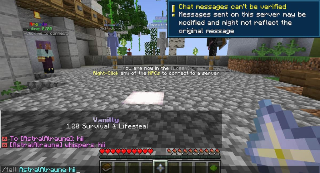 An example of using the "/tell" command to whisper in Minecraft multiplayer.