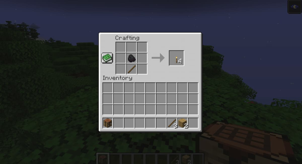 Crafting recipe for a torch using one coal and one stick.