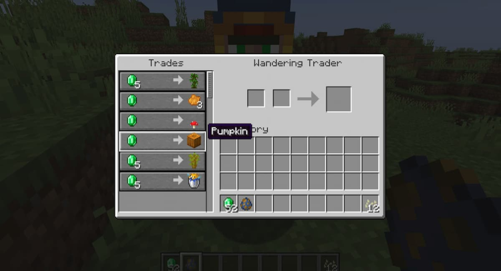 A Wandering Trader selling pumpkins for one emerald each.