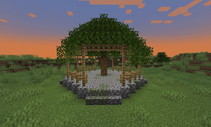 A cottagecore Plains gazebo in Minecraft.