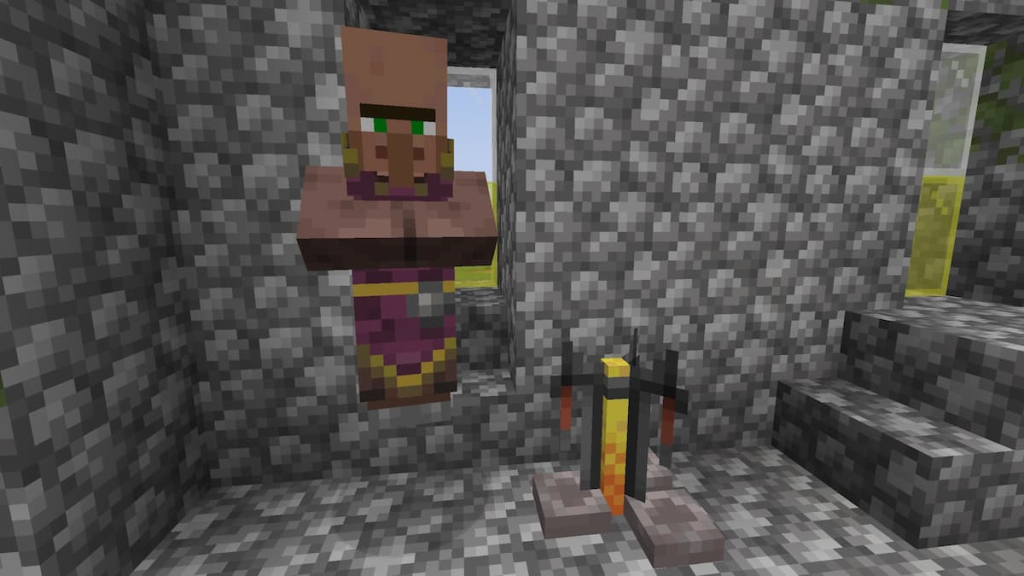 A Cleric Villager next to their Brewing Stand job block.