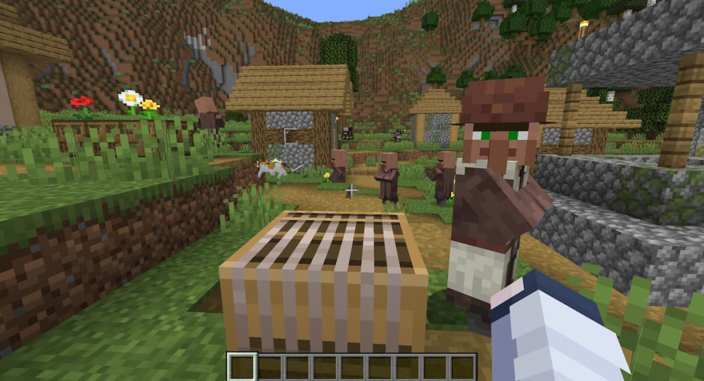 A newly-employed Shepherd villager in Minecraft.