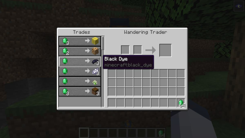 A Wandering Trader giving three black dyes for one emerald.