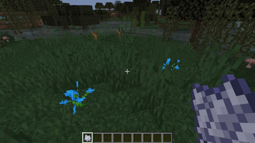 Growing blue orchids by using bone meal on grass in a Swamp biome