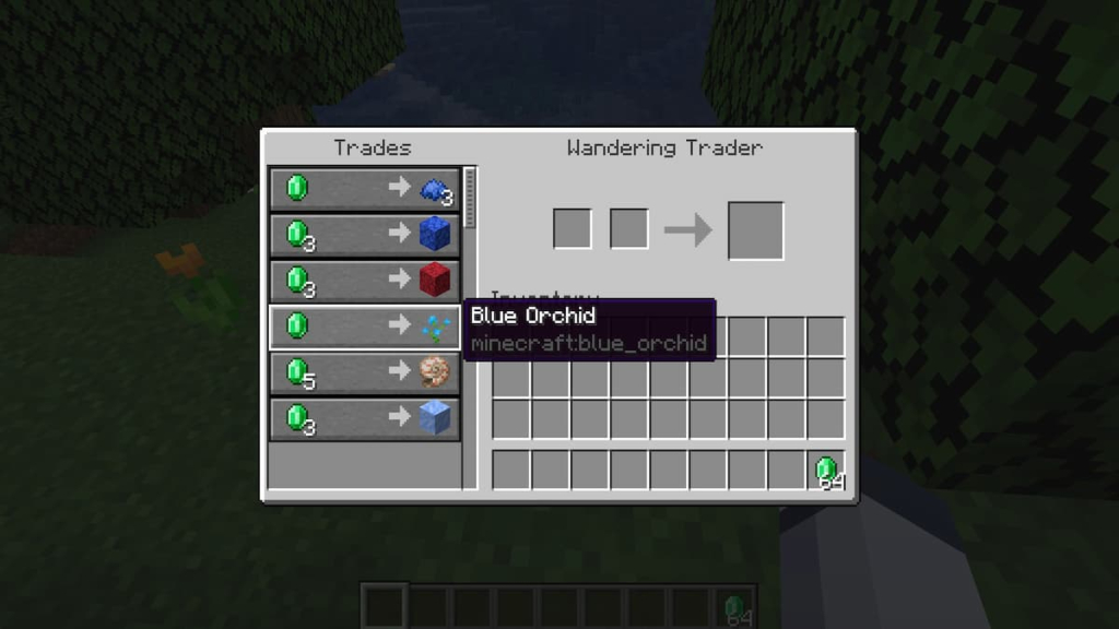 A Wandering Trader's blue orchid trades.