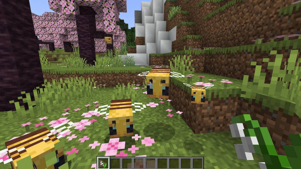 Breeding two bees with Lilies of the Valley in Minecraft.