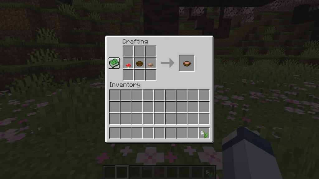 The crafting recipe for Mushroom Stew in Minecraft.