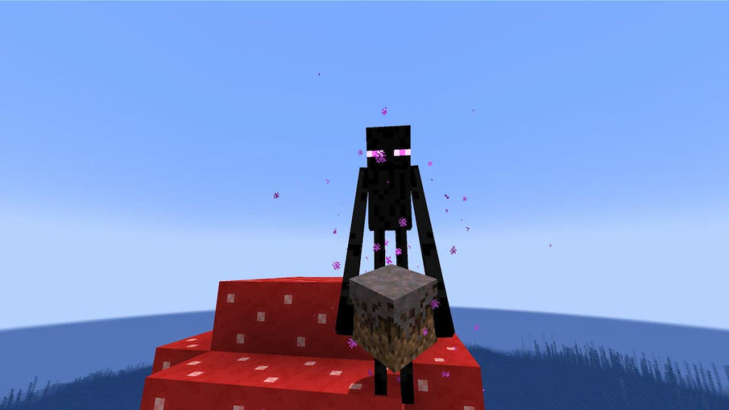 An Enderman holding a Mycelium block.