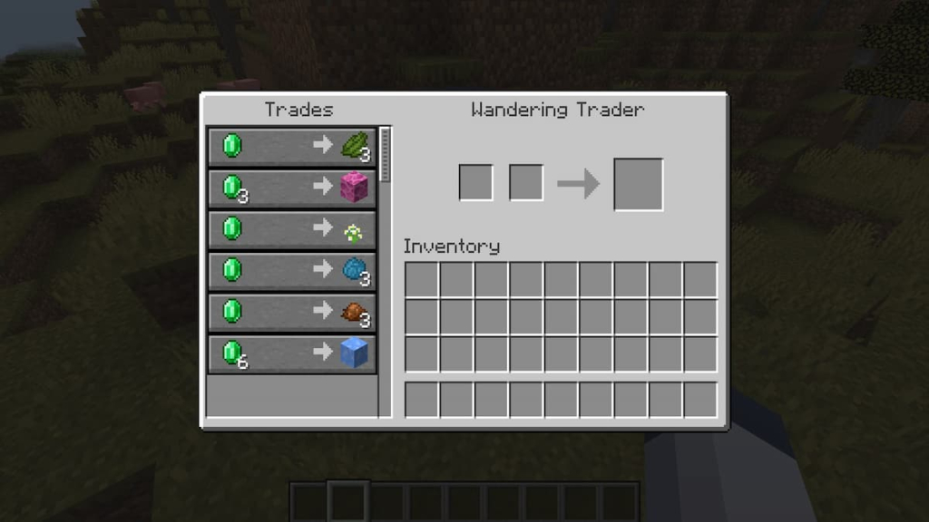 A Wandering Trader selling three green dye for one emerald.