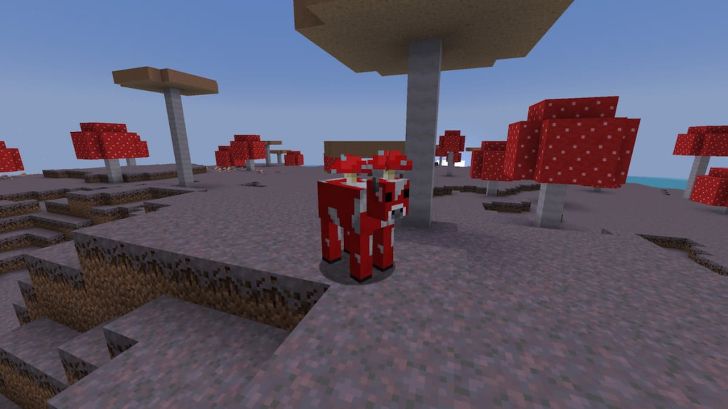 A naturally spawned Minecraft Mooshroom.