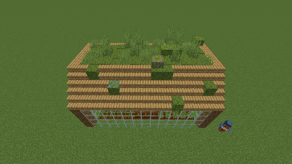 Adding extra moss to the roof of the Minecraft greenhouse.