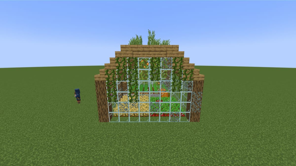 Adding vines and lichen all over the Minecraft greenhouse.