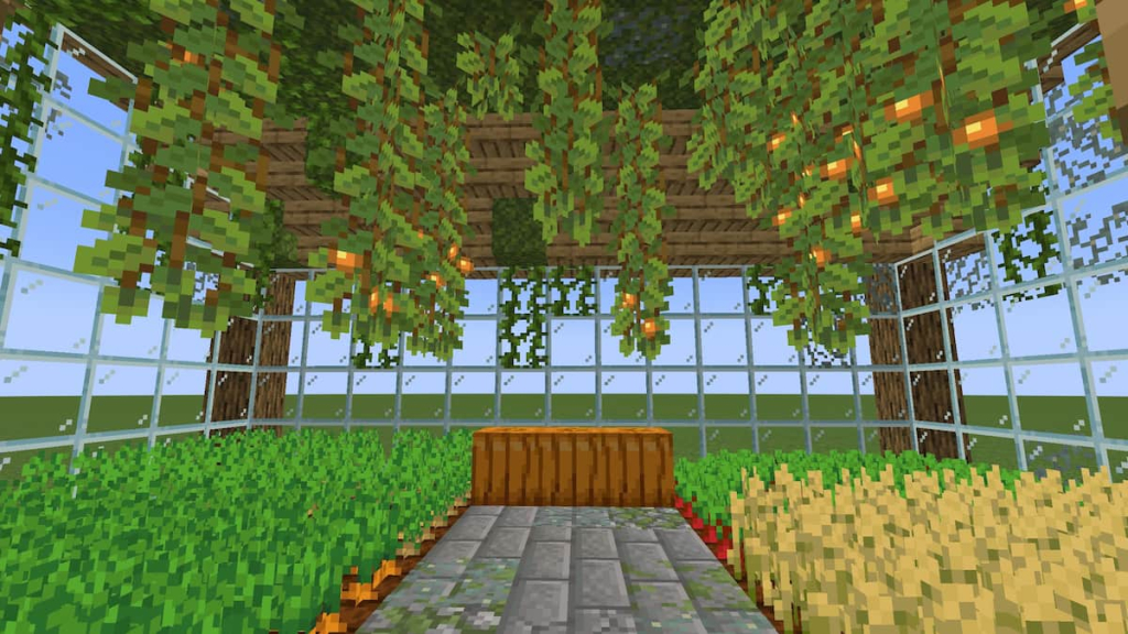 Adding vines, lichen, and extra moss inside of the Minecraft greenhouse.