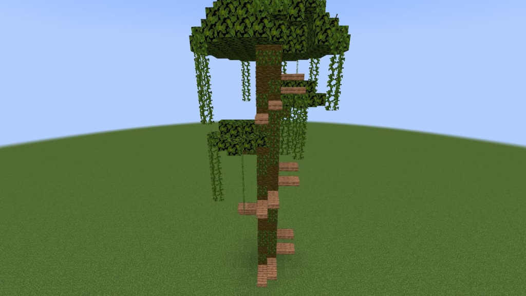 The completed Plank Staircase around a Minecraft Jungle tree.