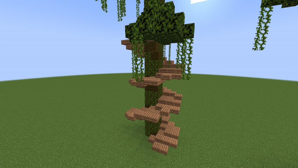 A completed portion of the larger Minecraft spiral staircase wrapping around a tall tree.